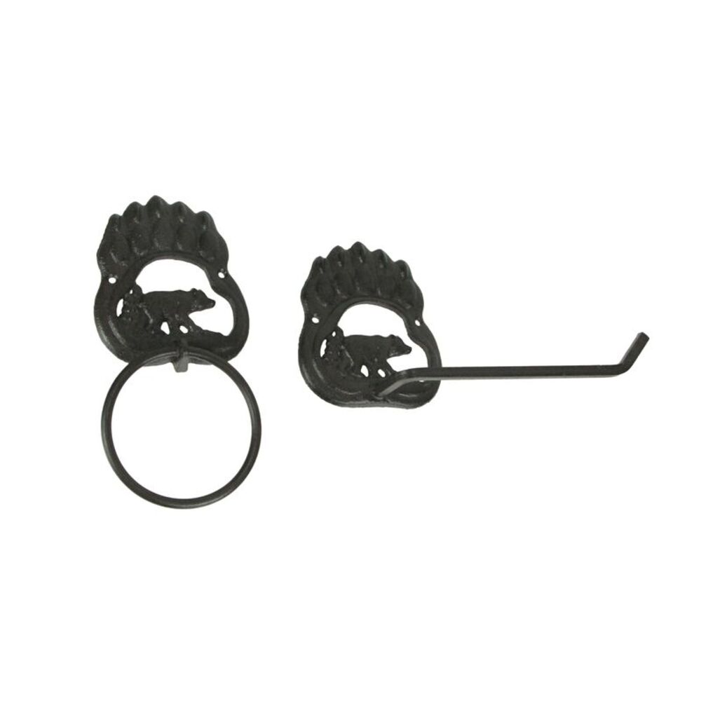 Rustic Cast Iron Black Bear Paw Towel Ring and Holder Set